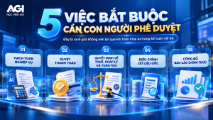 5 việc bắt buộc cần con người phê duyệt khi sử dụng AI Agent trong kế toán nội bộ: hạch toán nghiệp vụ, duyệt thanh toán, quyết định thuế và pháp lý, điều chỉnh dữ liệu gốc, công bố báo cáo chính thức.